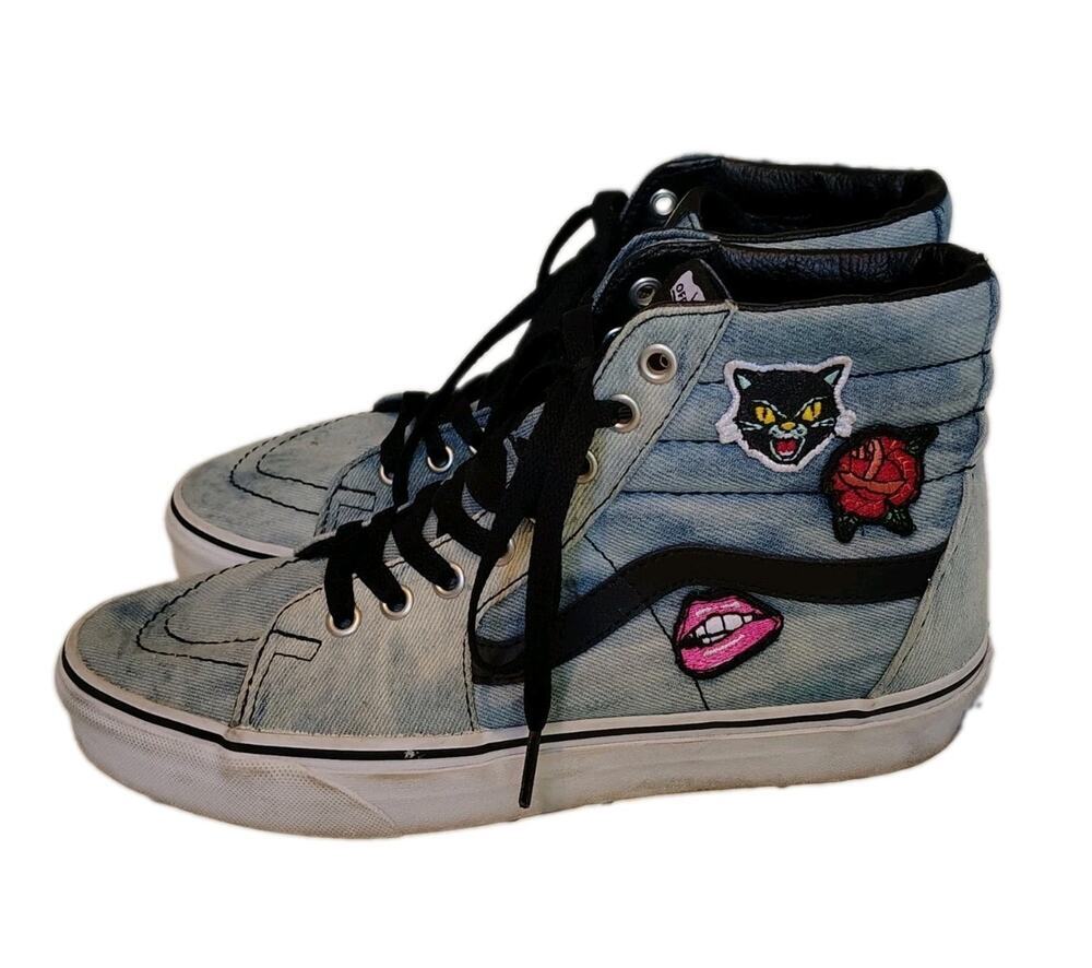 Vans Sk8-Hi Acid Wash Denim Sneakers with Patches - Size Men’s 7 / Women’s 8.5